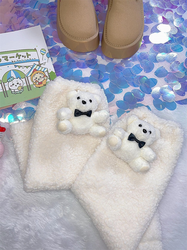 Y2K Christmas Plush Bear Design White Leg Warmers