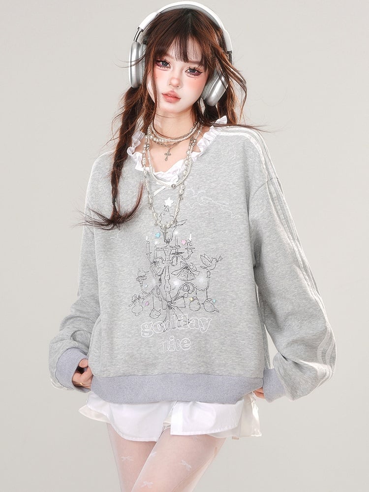 Grey/Blue Lampstand Print Ruffle Trim V-neck Sweatshirt