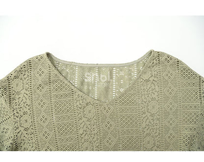 ボヘミアングリーンVネックタッセルヘムトップス（ベルト付き）