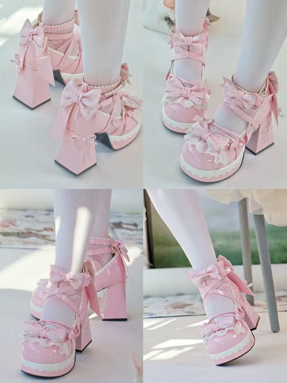 Pink Heel Mary Bow High Lolita Striped 8cm - Block Janes PU Sweet Platform