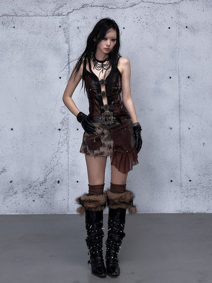 Adjustable Cami Straps with Red Shoulder Lace Ruffle Punk Trim Dark Rock Top