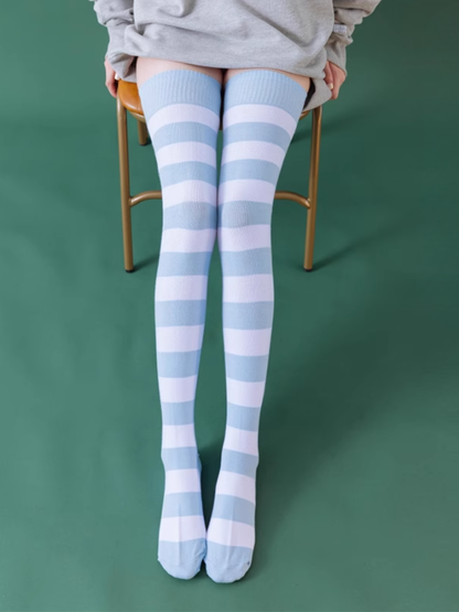 Blue & White/Black & White Stripes Over Knee Stockings