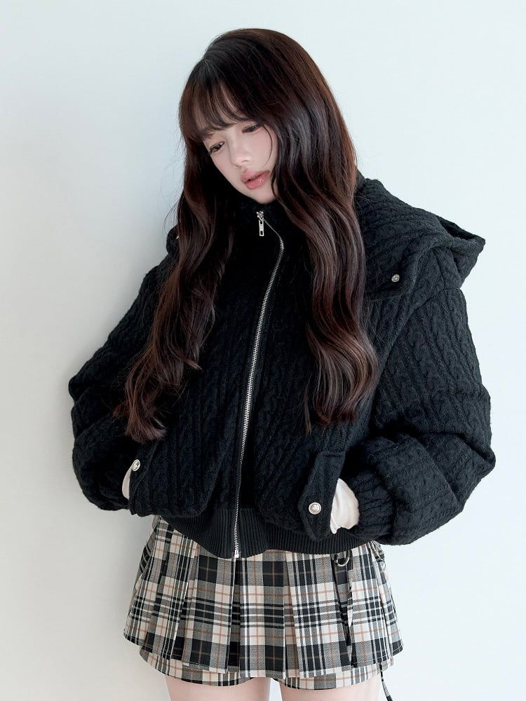 Hooded Fresh Black Jacket Knit Jirai Cable-Knit Kei Pattern