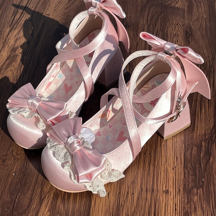 Pink Satin Hime Lolita Mid-Heel Mary Janes with Lace Bow & Ice Cream Clasp - LU XIAO MAN