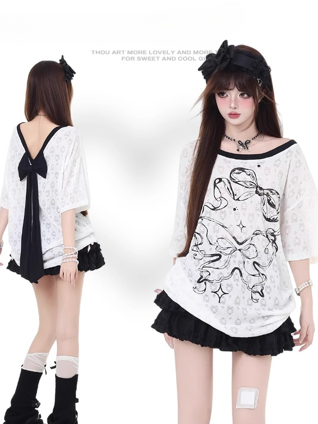 バックリボンプリント ビッグバックレスTシャツ リボン ホワイト セミシアー