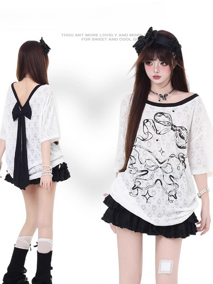 バックリボンプリント ビッグバックレスTシャツ リボン ホワイト セミシアー