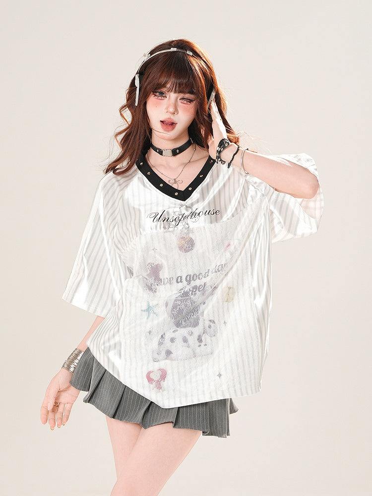 ピンク/シルバー ブロケット コア Vネック ストライプ Tシャツ