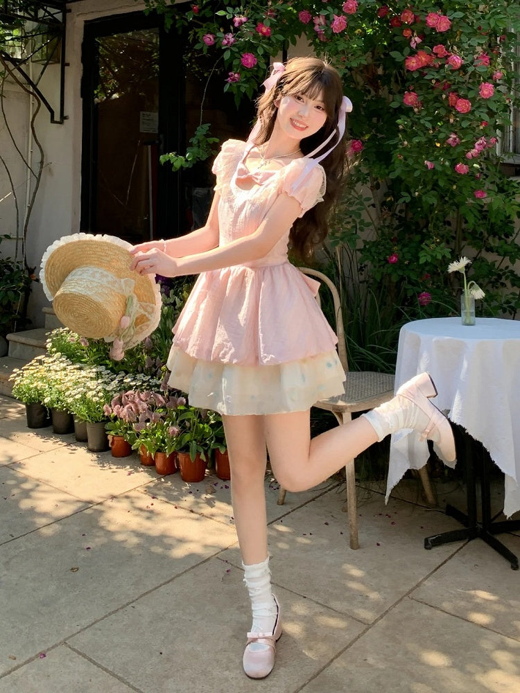 Rosa Bowknot Detail Ausschnitt Stufenrock Saum Süßes Kleid Bunte Polka Dot