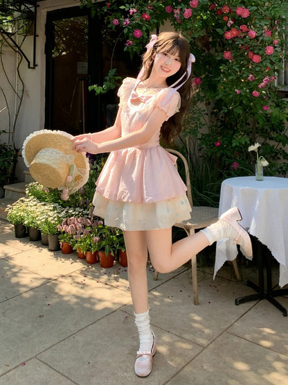 Rosa Bowknot Detail Ausschnitt Stufenrock Saum Süßes Kleid Bunte Polka Dot