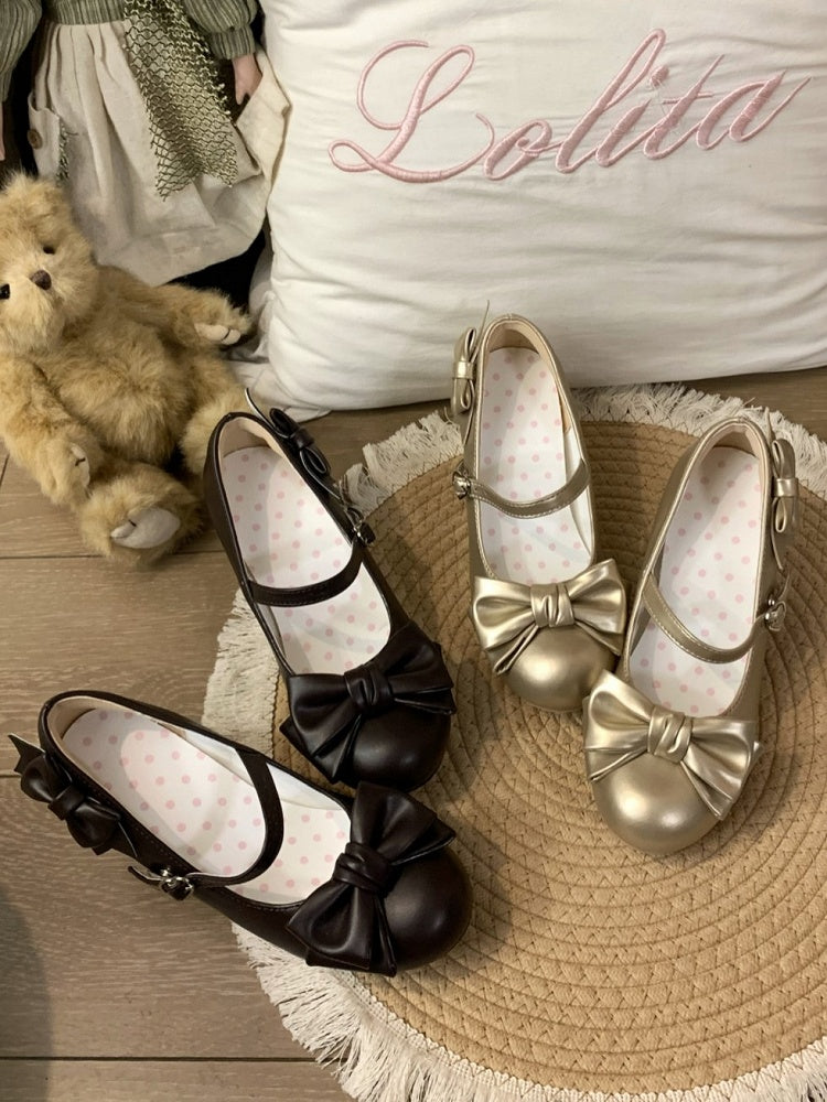 Mid-heel Brown Mary Janes with Bow Details & Heart Snap
