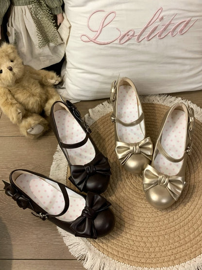 Mid-heel Brown Mary Janes with Bow Details & Heart Snap