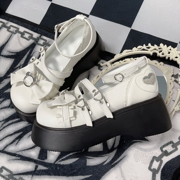 Y2K Matte White Bear Bowknot Buckle Strap Punk Platform Shoes