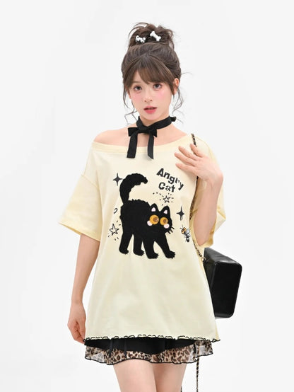 ホワイト/ベージュ 猫柄 レタス裾Tシャツ