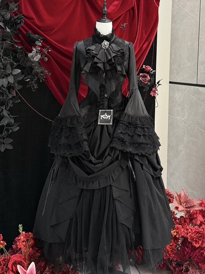 Drawstring Lolita Layered Waist Design Gothic Skirt Elastic and with Black