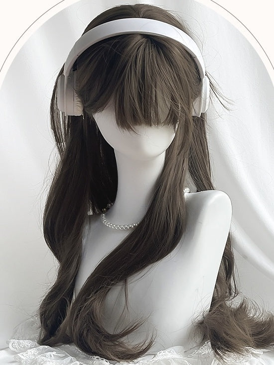 Braune lange gewellte Kunsthaarperücke mit Pony