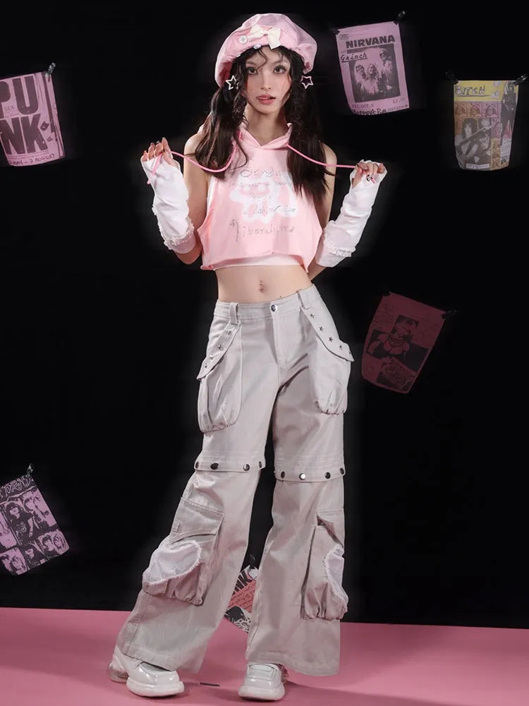 Abnehmbare Jeans-Nieten Cargo Grau Sternförmige Taschen