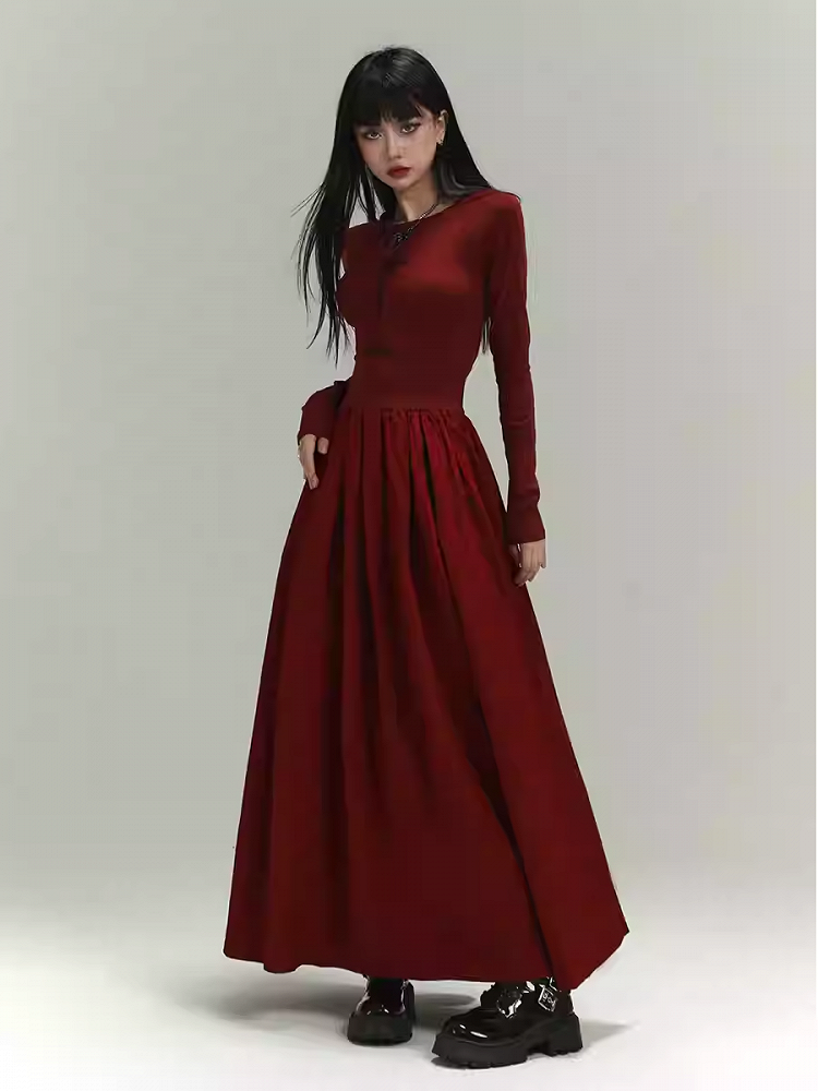 Gothic Wine Red Cross Backless/Covered-Back Slim-fitting Dress