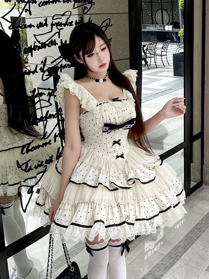 ドレス ポルカ スイート ティアード ドット ベージュ スカート ウエスト バスク ブラック