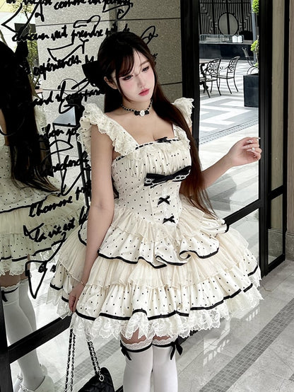 ドレス ポルカ スイート ティアード ドット ベージュ スカート ウエスト バスク ブラック