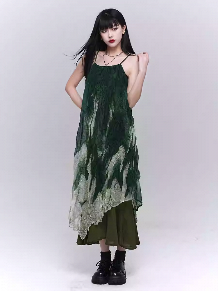 Gradient Green Asymmetrical Hem Ruffled Spaghetti Strap Dress