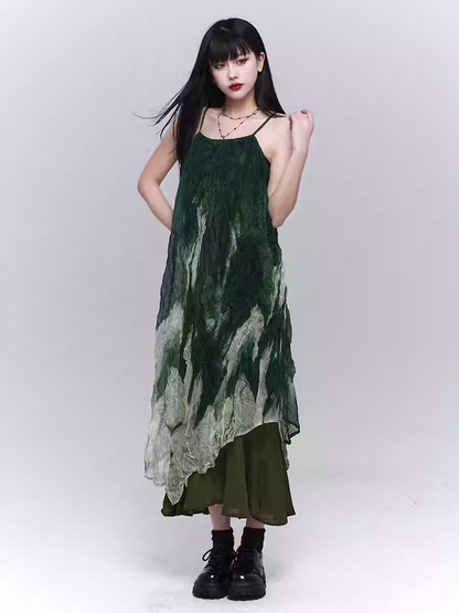 Gradient Green Asymmetrical Hem Ruffled Spaghetti Strap Dress