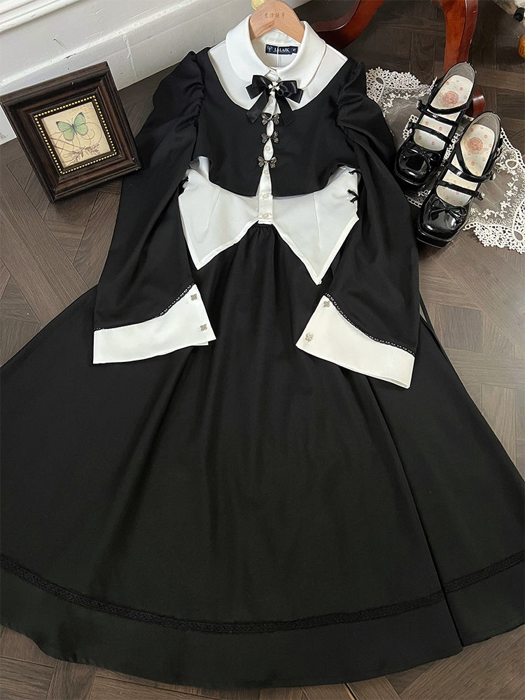 Black And White Gothic Butterfly Buckle Fake Two-piece Design Top＋ Black Tea Length Skirt Set