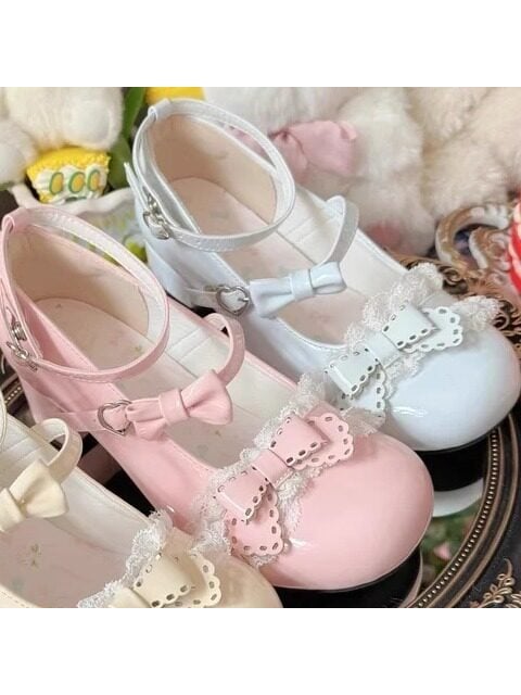 - Sweetheart Mid Toe Bowknot Mary Heel Shoes BluePink Round Jane