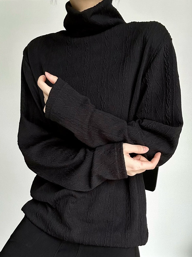 Sweater Black Turtleneck Texture Ouji Cable-Knit Ribbed Lolita with