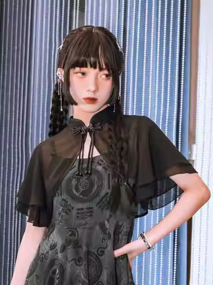 Top Black Double-layered Collar Banded Style Flounce Sleeves Cropped Cheongsam