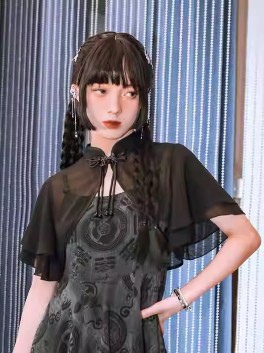 Oberteil Schwarz Doppellagiger Kragen Gebänderter Stil Volantärmel Kurz Cheongsam