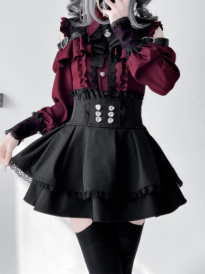 Jirai Button Blouse: Red Sweetheart Closure Wine Kei