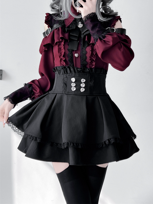 Jirai Button Blouse: Red Sweetheart Closure Wine Kei