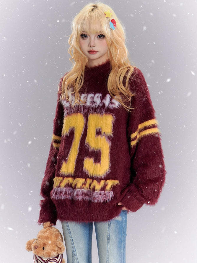 Roter Zahlenmuster Preppy Loose Sweater