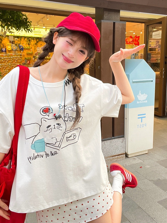 White Round Neck Kitty Print Loose T-Shirt