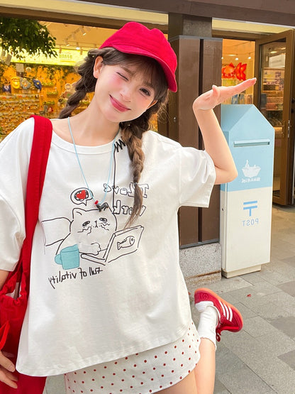 ホワイトラウンドネックキティプリントルーズTシャツ