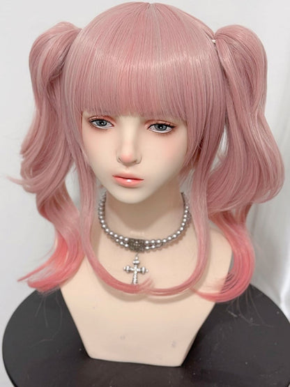 Claw Two Wigs With Bangs + Length Pink Shoulder Wavy Ponytails