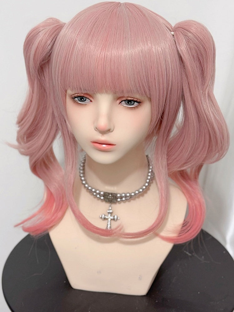Length Wavy With Ponytails Shoulder Claw + Clips Bangs Two Pink Wigs