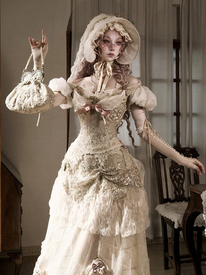 パフスリーブとエドワード朝のヴィンテージトップ、オフショルダーネックライン