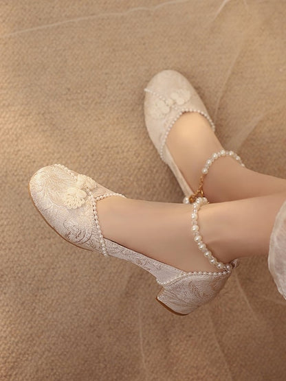 Frog Shoes Accent Beaded Qi Ankle Lolita Beige Strap Button Mid-heel