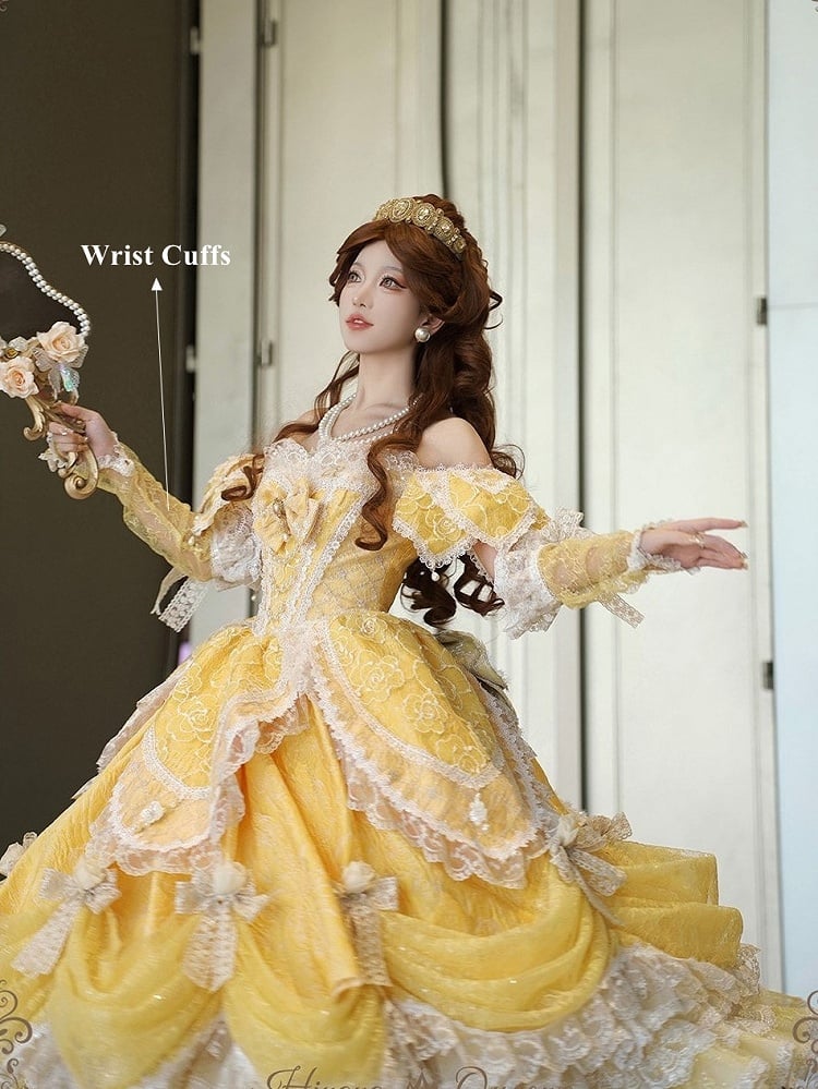 Hanayome Details Bow Yellow Layered Lace Gown and Ruffles Version with Short Lolita Hime Off-Shoulder