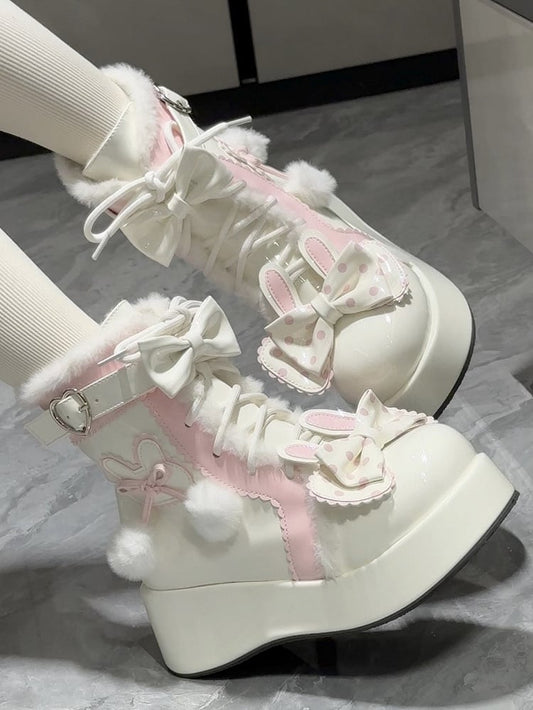 Theme Heart White Lining Buckle Bunny - Ankle Plush Boots Lolita Platform with Sweet