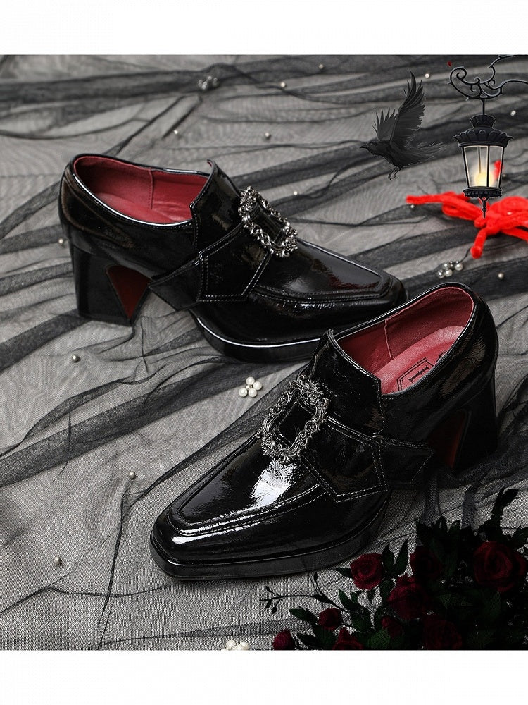 Dark Prince Style Gothic Lolita Square Toe Shoes with 7CM Heel in Black - Lacy Bones