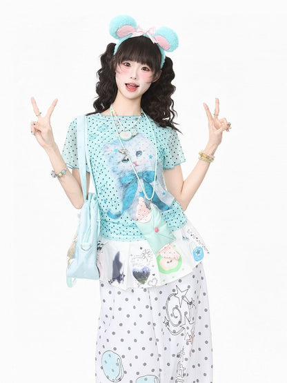 Green Mesh Tee with Polka Dot and Kitty Print - Languid Park