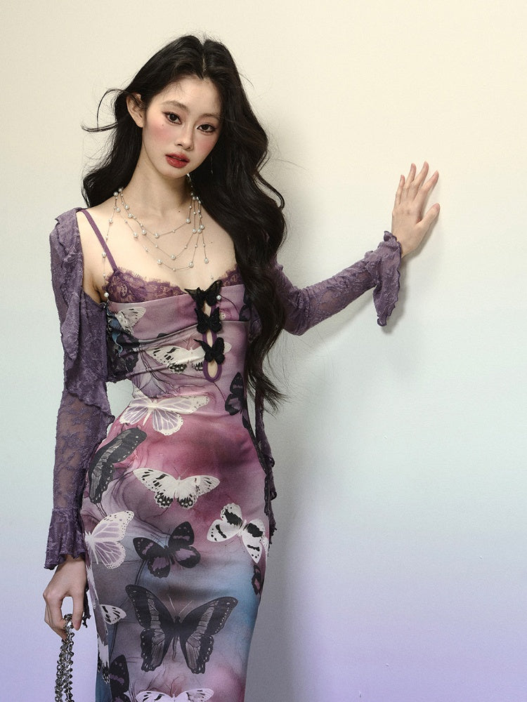 Purple Butterfly Print Cutout Detail Mermaid Skirt Slip Dress