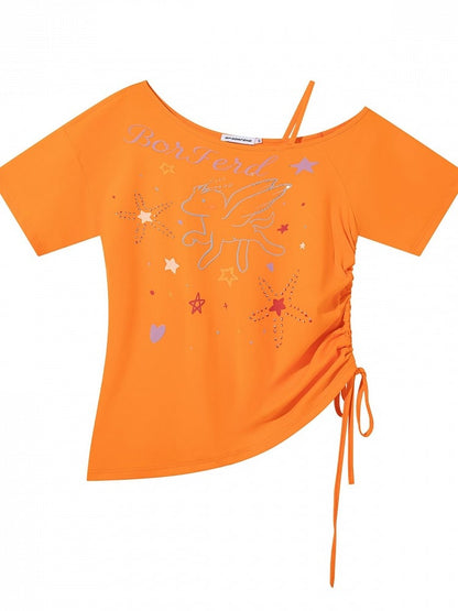 Orange Pegasus Print Asymmetric Shoulder T-Shirt with Rhinestone Details - Languid Park