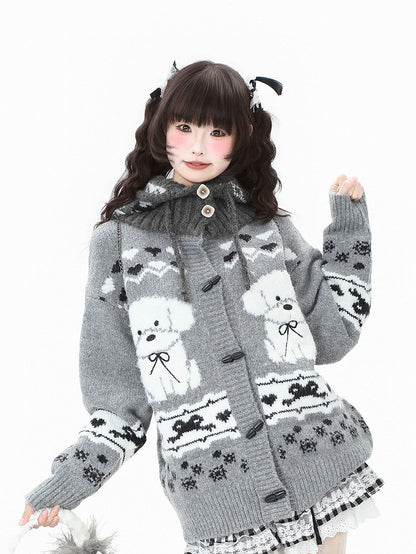 Brown/Grey with Toggle Pattern Buttons Daily Puppy Cardigan Coffee Kawaii