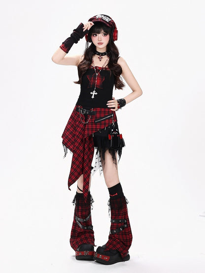 Red Black Plaid Asymmetric Skirt with Buckle - CRAZY GIRL