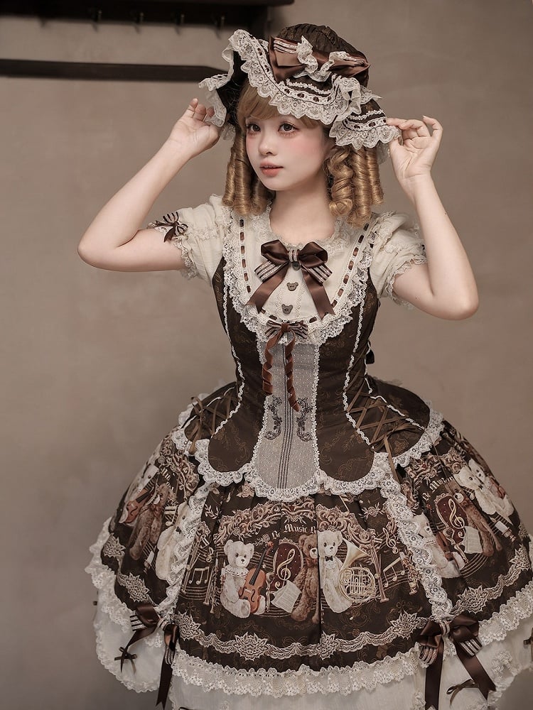 Gorgeous Doll Style Bear Symphony Theme OP with Lace Trim & Bow Accent - Twin Bear Original Design