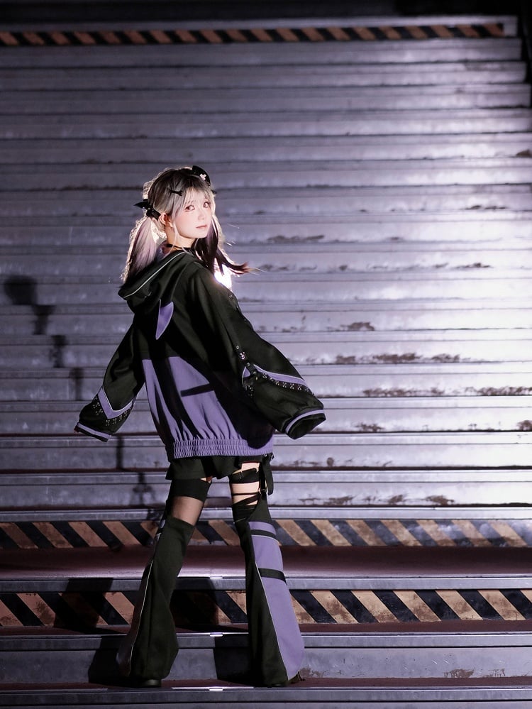 Cyberpunk-Style and Purple Colorblock Black - Techwear Jirai Design Warmers Kei Leg