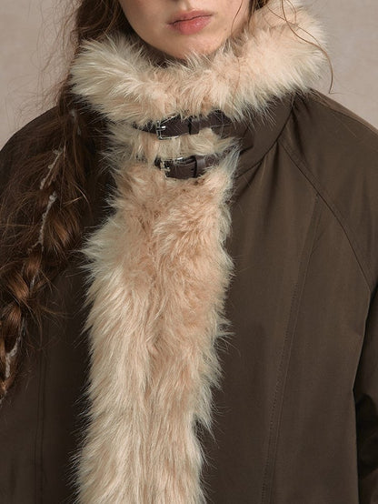 Light Gray/Brown Puffer Jacket with Buckle Strap and Plush Trim